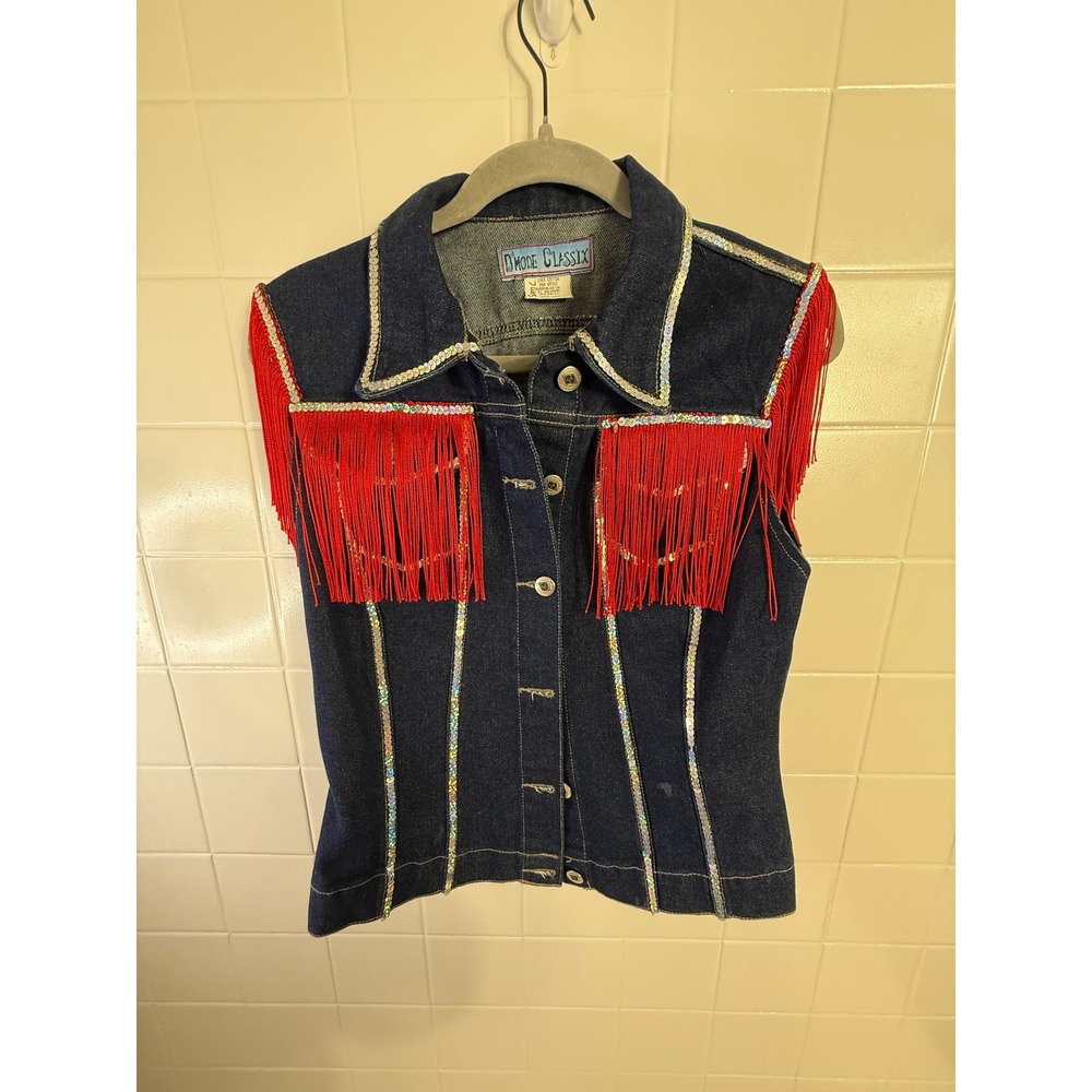 D'Mode Classix Women Blue Denim Vest Red Fringe Sequin Western Cowgirl Large - Picture 2 of 6